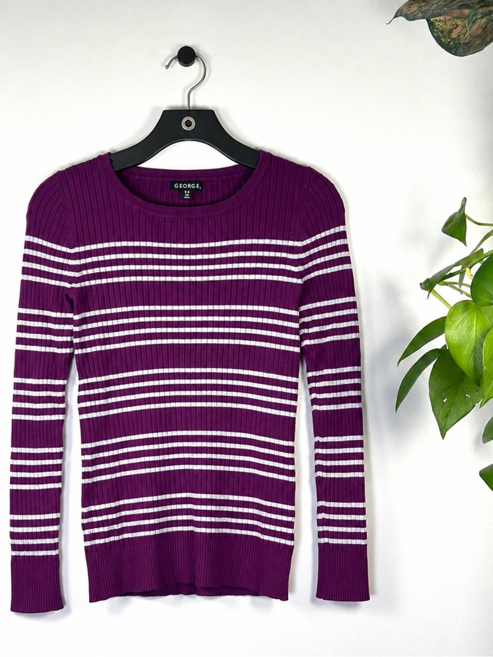 George Purple & White Striped Ribbed Knit Sweater Size 4-6 Small Y2K